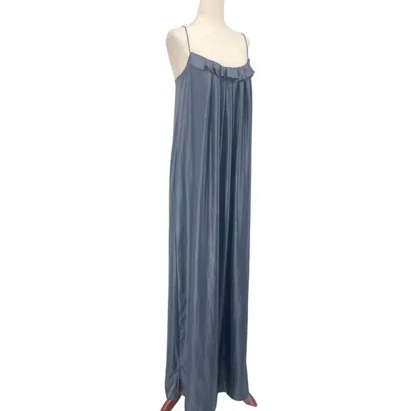 L'AGENCE Trapeze Slip Maxi Ruffle SM Metallic Blue Pockets Formal Evening‎